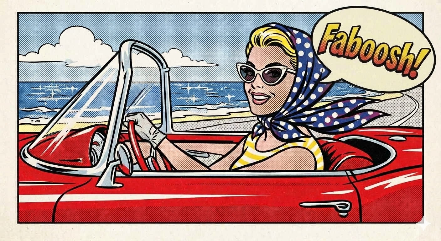 A woman in cat-eye sunglasses and a polka-dot headscarf driving a red convertible along the coast, shouting Faboosh! in pop-art comic style.